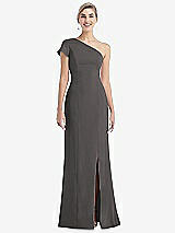 Front View Thumbnail - Caviar Gray One-Shoulder Cap Sleeve Trumpet Gown with Front Slit