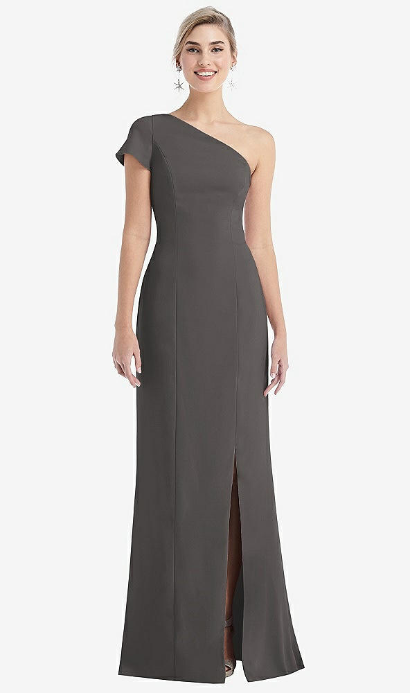 Front View - Caviar Gray One-Shoulder Cap Sleeve Trumpet Gown with Front Slit