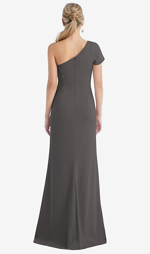 Back View - Caviar Gray One-Shoulder Cap Sleeve Trumpet Gown with Front Slit