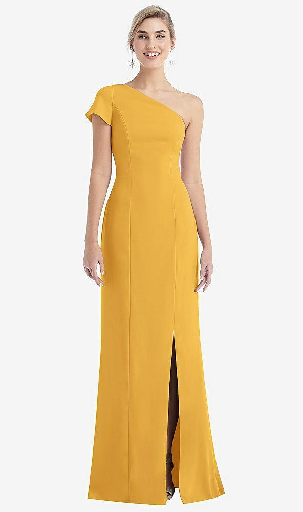 Front View - NYC Yellow One-Shoulder Cap Sleeve Trumpet Gown with Front Slit