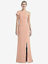 Front View Thumbnail - Pale Peach One-Shoulder Cap Sleeve Trumpet Gown with Front Slit