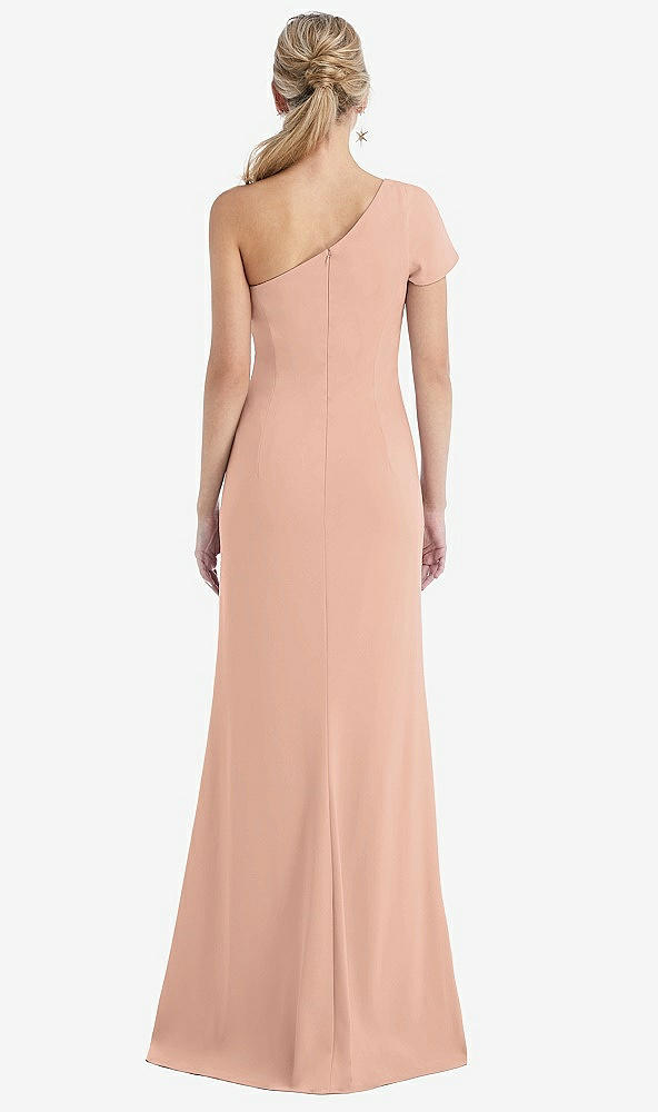 Back View - Pale Peach One-Shoulder Cap Sleeve Trumpet Gown with Front Slit