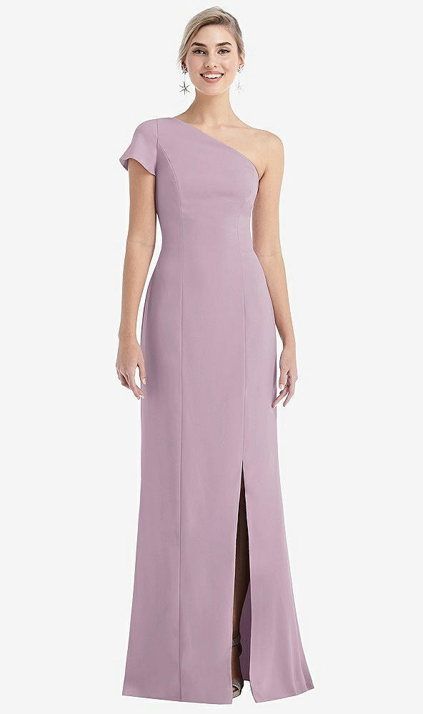 Front View - Suede Rose One-Shoulder Cap Sleeve Trumpet Gown with Front Slit