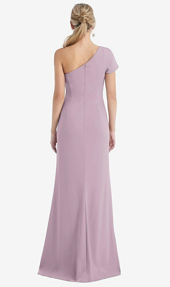 Back View - Suede Rose One-Shoulder Cap Sleeve Trumpet Gown with Front Slit