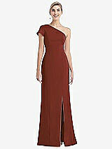 Front View Thumbnail - Auburn Moon One-Shoulder Cap Sleeve Trumpet Gown with Front Slit