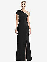 Front View Thumbnail - Black One-Shoulder Cap Sleeve Trumpet Gown with Front Slit