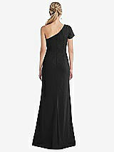 Rear View Thumbnail - Black One-Shoulder Cap Sleeve Trumpet Gown with Front Slit