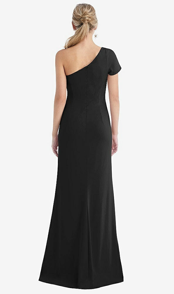 Back View - Black One-Shoulder Cap Sleeve Trumpet Gown with Front Slit