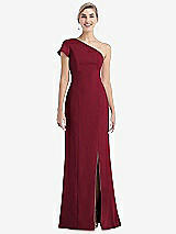 Front View Thumbnail - Burgundy One-Shoulder Cap Sleeve Trumpet Gown with Front Slit