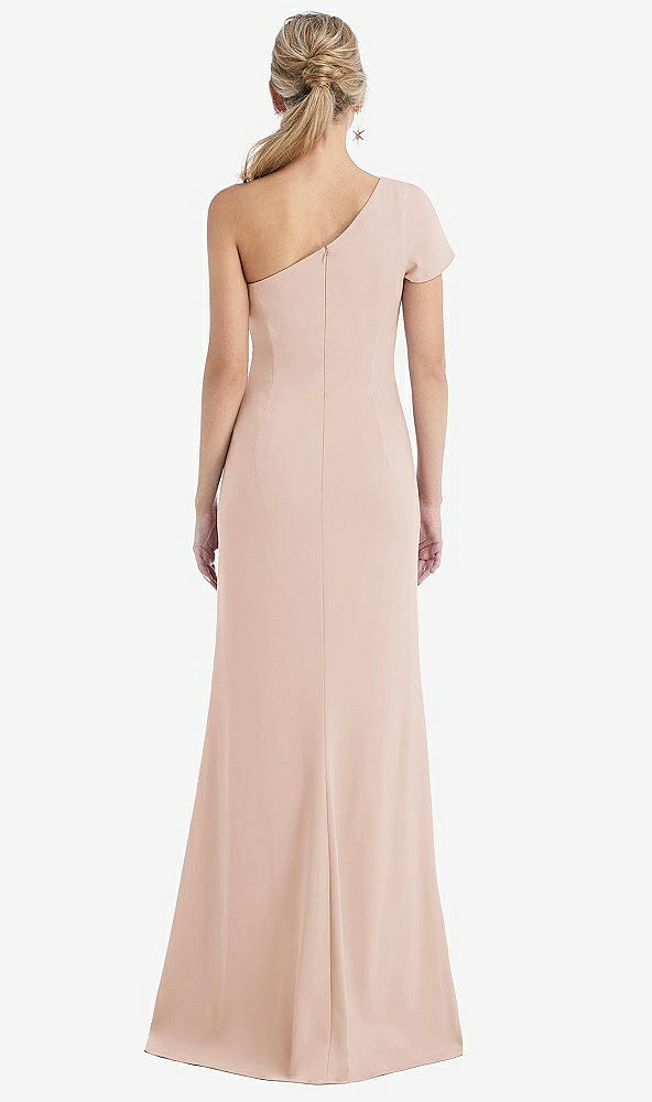 Back View - Cameo One-Shoulder Cap Sleeve Trumpet Gown with Front Slit