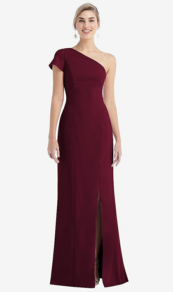 Front View - Cabernet One-Shoulder Cap Sleeve Trumpet Gown with Front Slit