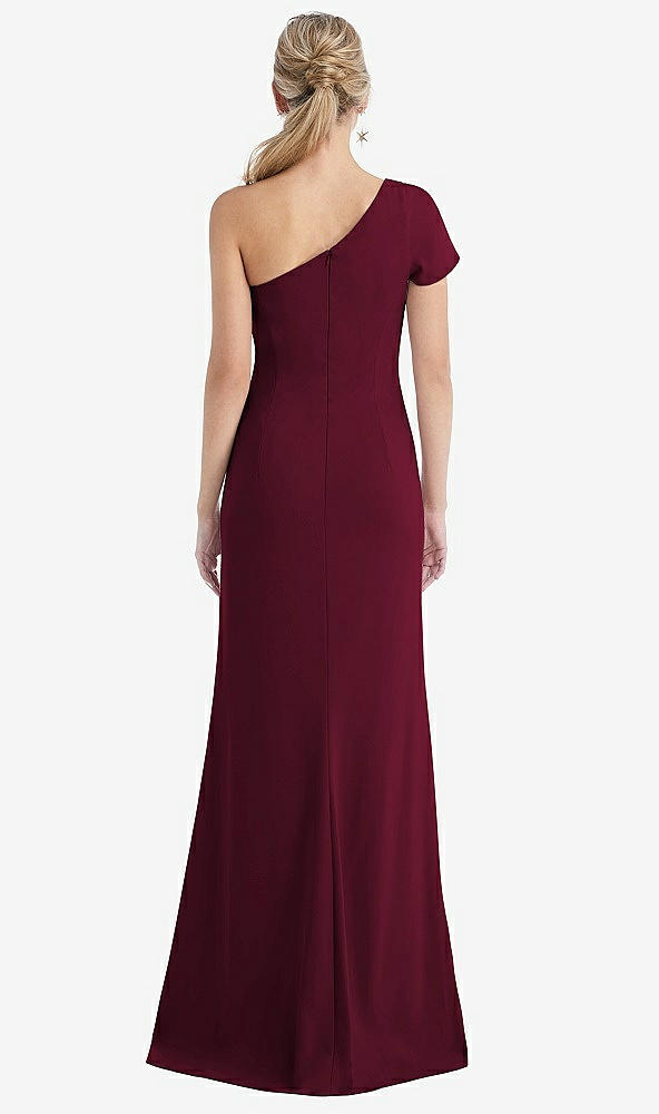 Back View - Cabernet One-Shoulder Cap Sleeve Trumpet Gown with Front Slit