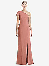 Front View Thumbnail - Desert Rose One-Shoulder Cap Sleeve Trumpet Gown with Front Slit