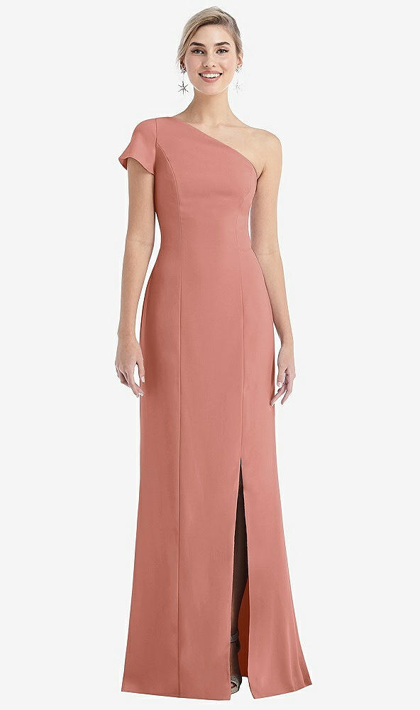 Front View - Desert Rose One-Shoulder Cap Sleeve Trumpet Gown with Front Slit