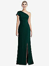 Front View Thumbnail - Evergreen One-Shoulder Cap Sleeve Trumpet Gown with Front Slit