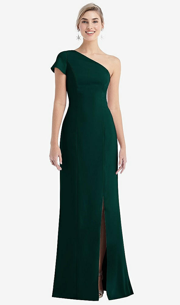 Front View - Evergreen One-Shoulder Cap Sleeve Trumpet Gown with Front Slit