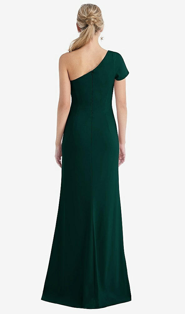 Back View - Evergreen One-Shoulder Cap Sleeve Trumpet Gown with Front Slit