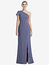 Front View Thumbnail - French Blue One-Shoulder Cap Sleeve Trumpet Gown with Front Slit