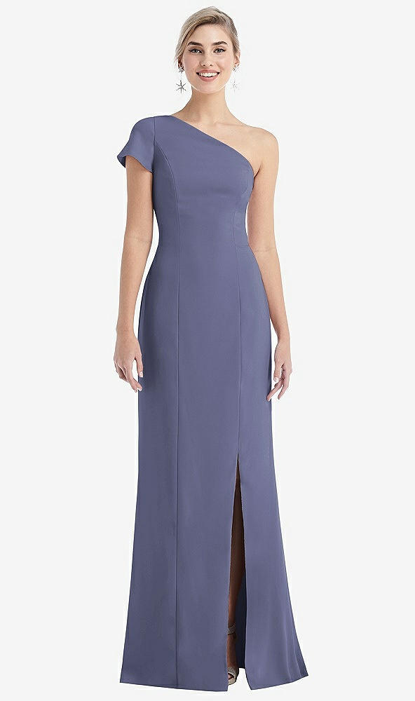 Front View - French Blue One-Shoulder Cap Sleeve Trumpet Gown with Front Slit