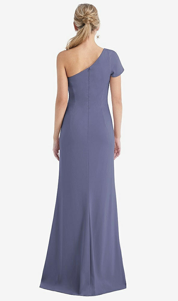 Back View - French Blue One-Shoulder Cap Sleeve Trumpet Gown with Front Slit