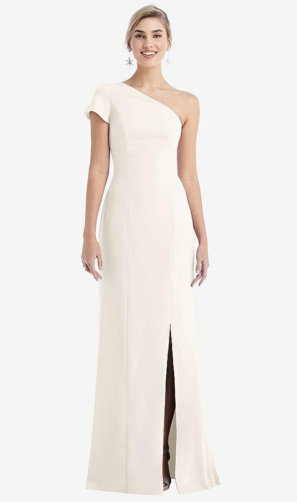 Front View - Ivory One-Shoulder Cap Sleeve Trumpet Gown with Front Slit