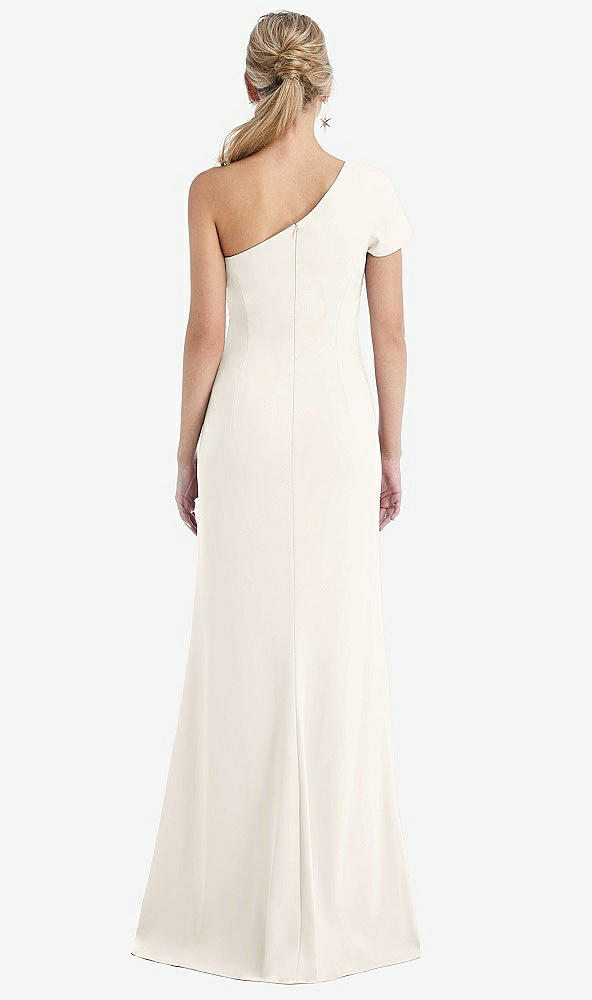 Back View - Ivory One-Shoulder Cap Sleeve Trumpet Gown with Front Slit
