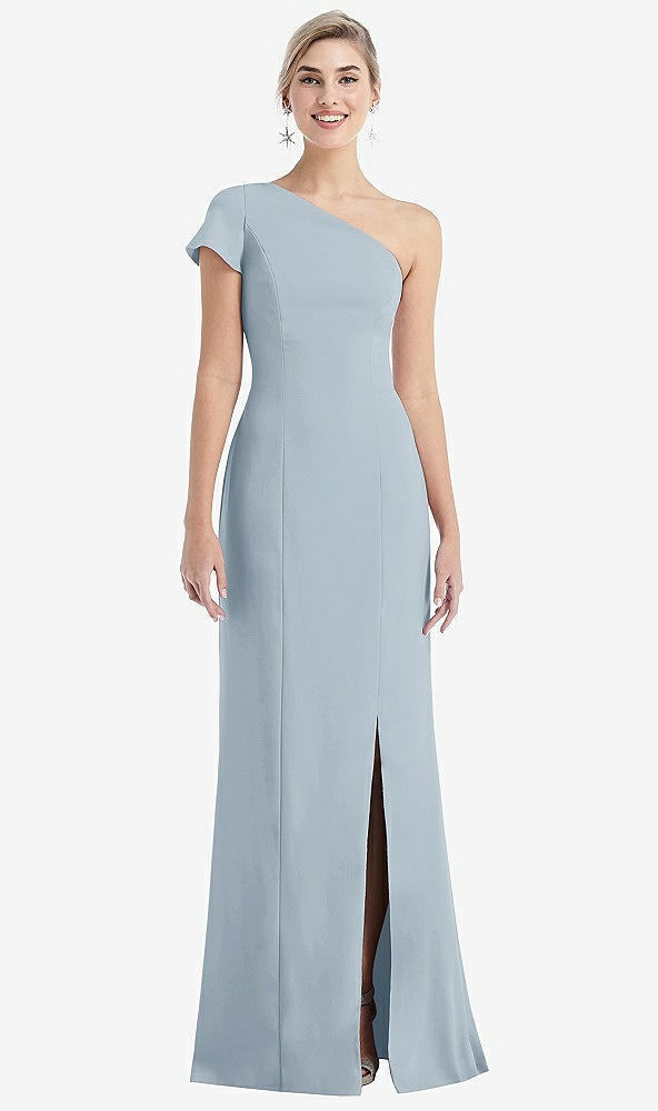 Front View - Mist One-Shoulder Cap Sleeve Trumpet Gown with Front Slit
