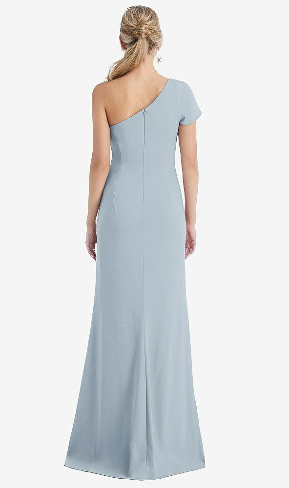 Back View - Mist One-Shoulder Cap Sleeve Trumpet Gown with Front Slit