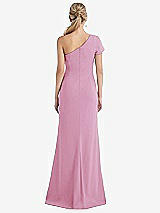 Rear View Thumbnail - Powder Pink One-Shoulder Cap Sleeve Trumpet Gown with Front Slit
