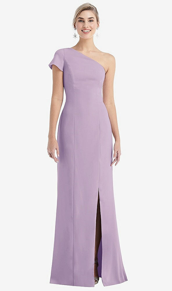Front View - Pale Purple One-Shoulder Cap Sleeve Trumpet Gown with Front Slit