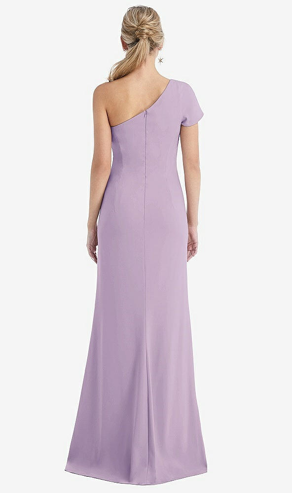 Back View - Pale Purple One-Shoulder Cap Sleeve Trumpet Gown with Front Slit