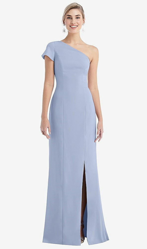 Front View - Sky Blue One-Shoulder Cap Sleeve Trumpet Gown with Front Slit