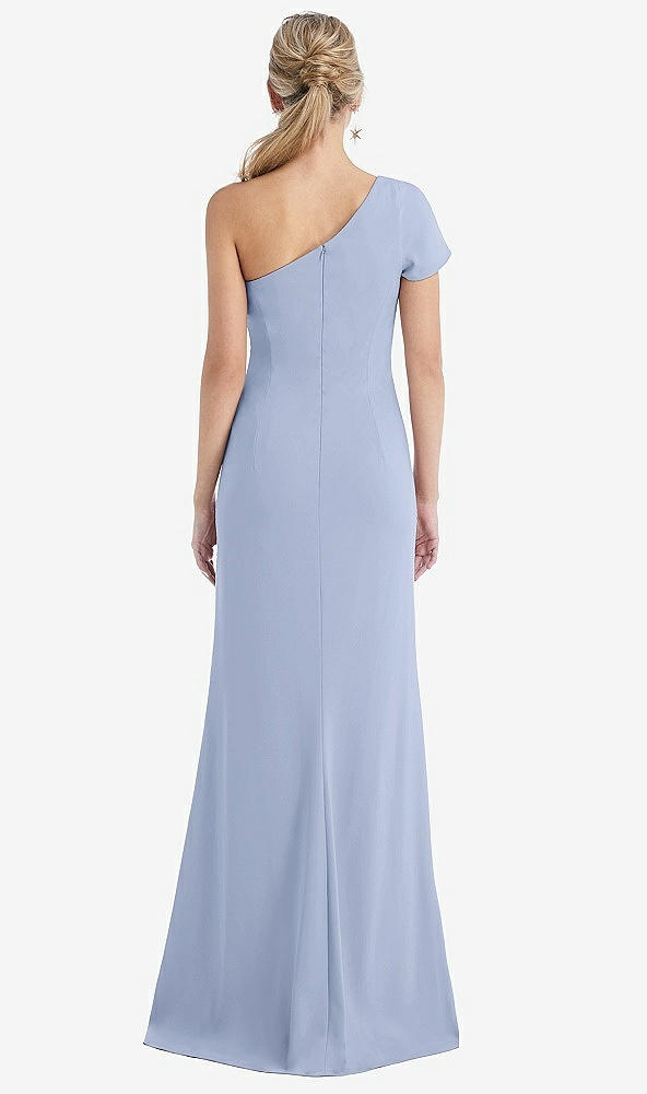 Back View - Sky Blue One-Shoulder Cap Sleeve Trumpet Gown with Front Slit