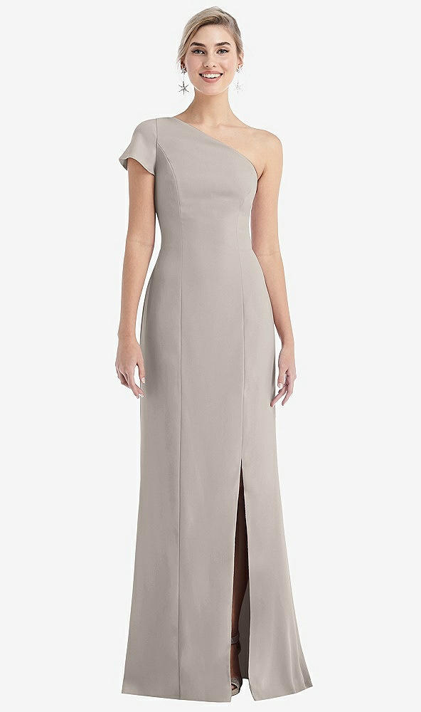 Front View - Taupe One-Shoulder Cap Sleeve Trumpet Gown with Front Slit