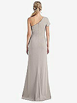 Rear View Thumbnail - Taupe One-Shoulder Cap Sleeve Trumpet Gown with Front Slit