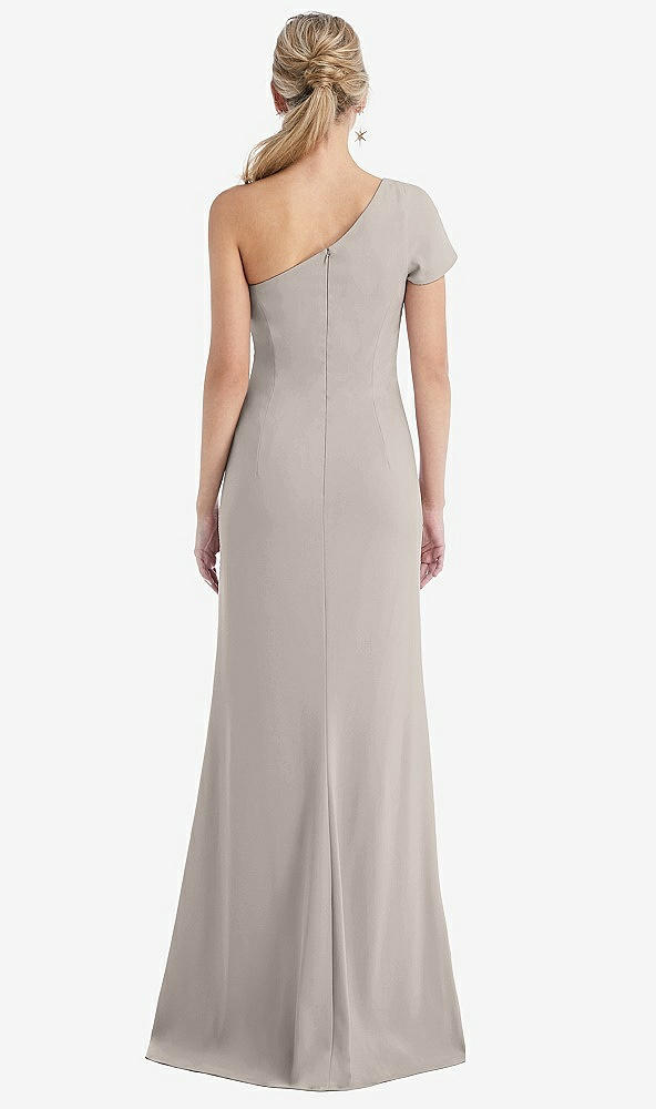Back View - Taupe One-Shoulder Cap Sleeve Trumpet Gown with Front Slit