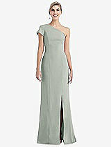Front View Thumbnail - Willow Green One-Shoulder Cap Sleeve Trumpet Gown with Front Slit