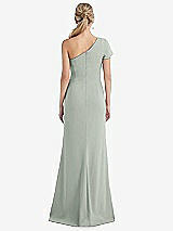 Rear View Thumbnail - Willow Green One-Shoulder Cap Sleeve Trumpet Gown with Front Slit