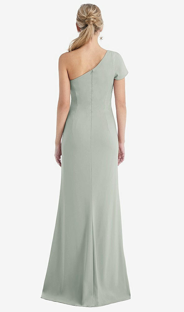 Back View - Willow Green One-Shoulder Cap Sleeve Trumpet Gown with Front Slit