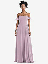 Front View Thumbnail - Suede Rose Off-the-Shoulder Ruffle Cuff Sleeve Chiffon Maxi Dress