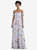 Front View Thumbnail - Butterfly Botanica Silver Dove Off-the-Shoulder Ruffle Cuff Sleeve Chiffon Maxi Dress