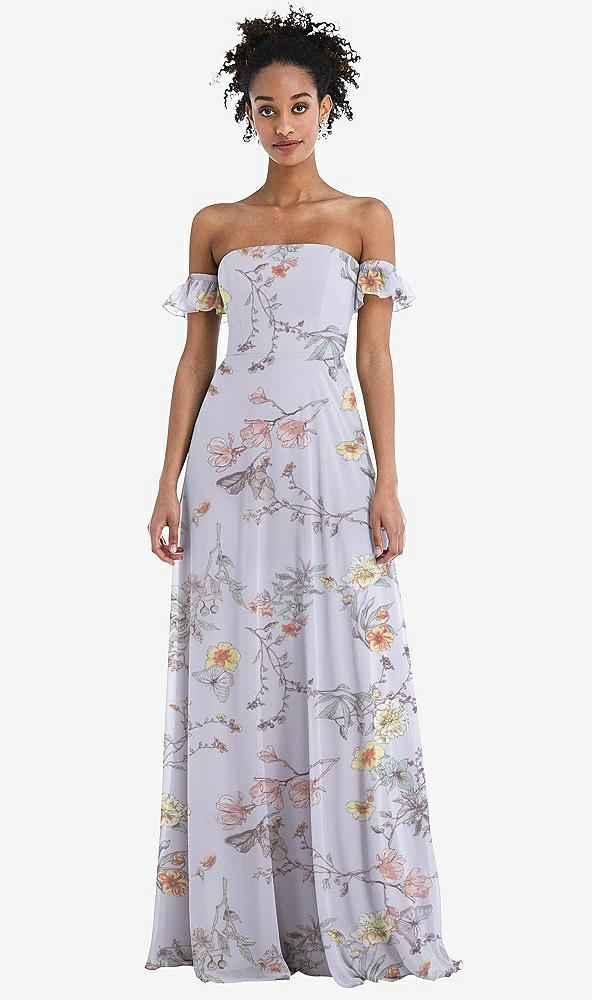 Front View - Butterfly Botanica Silver Dove Off-the-Shoulder Ruffle Cuff Sleeve Chiffon Maxi Dress