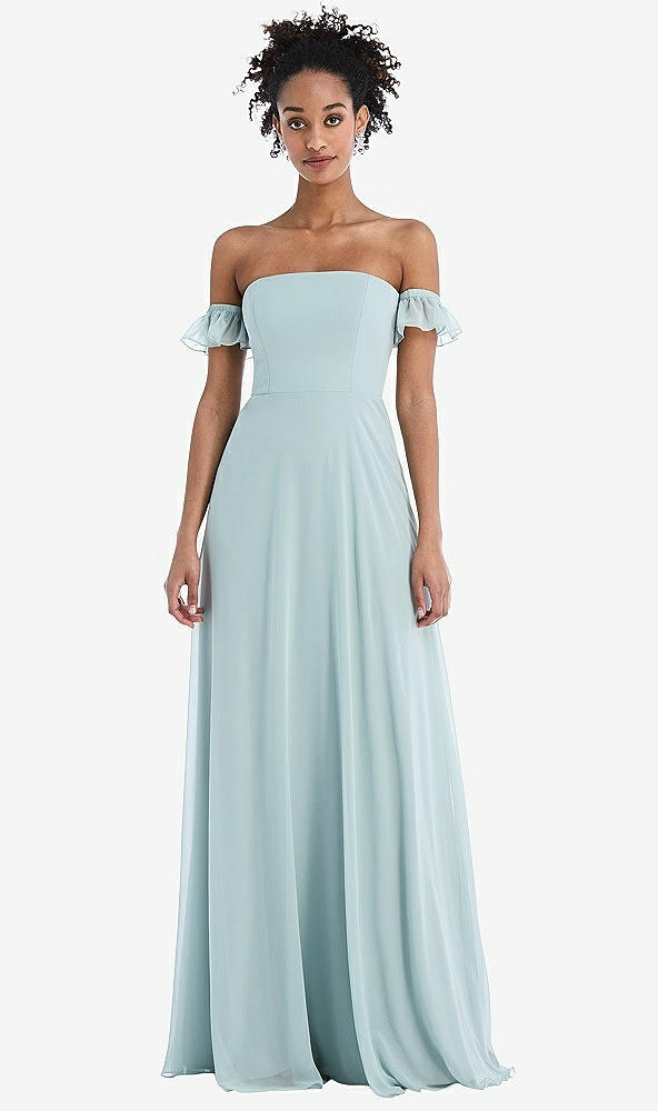 Front View - French Blue Off-the-Shoulder Ruffle Cuff Sleeve Chiffon Maxi Dress