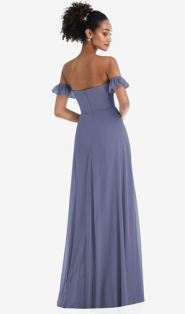 Back View - French Blue Off-the-Shoulder Ruffle Cuff Sleeve Chiffon Maxi Dress