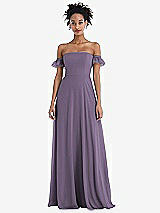 Front View Thumbnail - Lavender Off-the-Shoulder Ruffle Cuff Sleeve Chiffon Maxi Dress