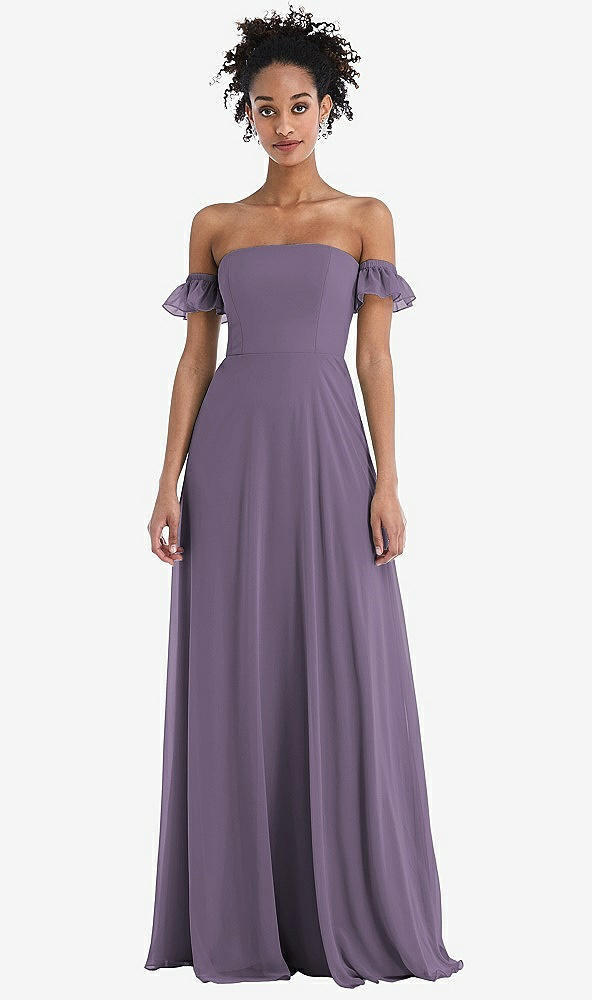 Front View - Lavender Off-the-Shoulder Ruffle Cuff Sleeve Chiffon Maxi Dress