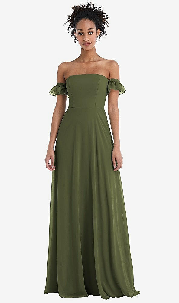 Front View - Olive Green Off-the-Shoulder Ruffle Cuff Sleeve Chiffon Maxi Dress