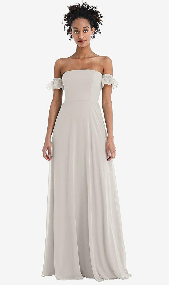 Front View - Oyster Off-the-Shoulder Ruffle Cuff Sleeve Chiffon Maxi Dress