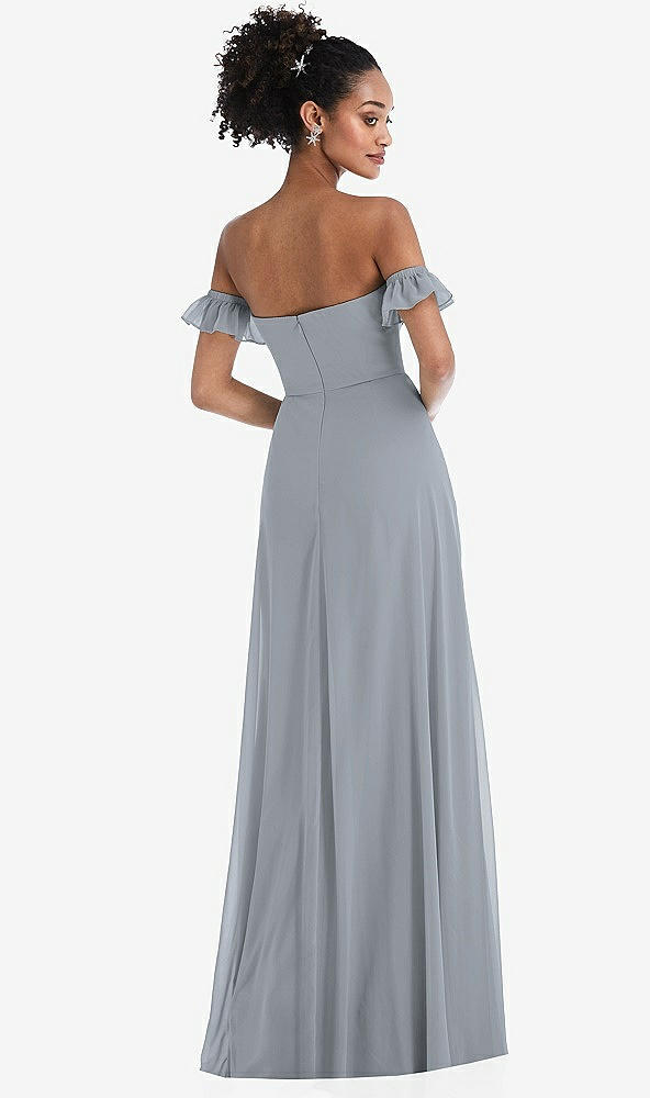 Back View - Platinum Off-the-Shoulder Ruffle Cuff Sleeve Chiffon Maxi Dress