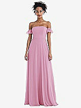 Front View Thumbnail - Powder Pink Off-the-Shoulder Ruffle Cuff Sleeve Chiffon Maxi Dress